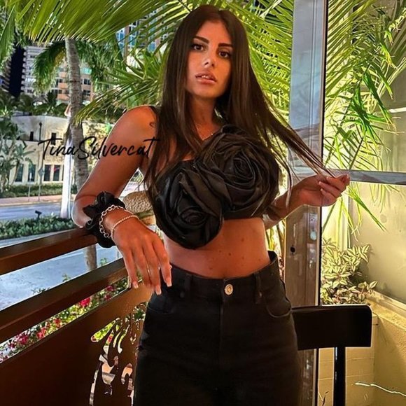 BLOGGER'S FAVE! Zara Black Satin Flower Crop Top Sz Small NWT - Picture 2 of 16